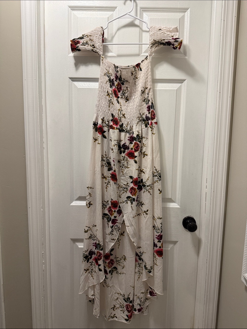 Ivory Floral Off-Shoulder High-Low Dress.